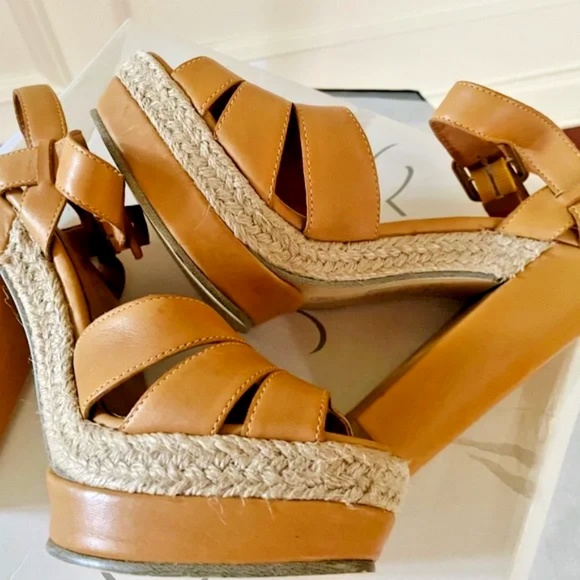 OFFICE LONDON REAL LEATHER HEEL PLATFORM SANDALS SIZE 7 TAN/MUSTARD EXC CONDITON - Picture 2 of 7